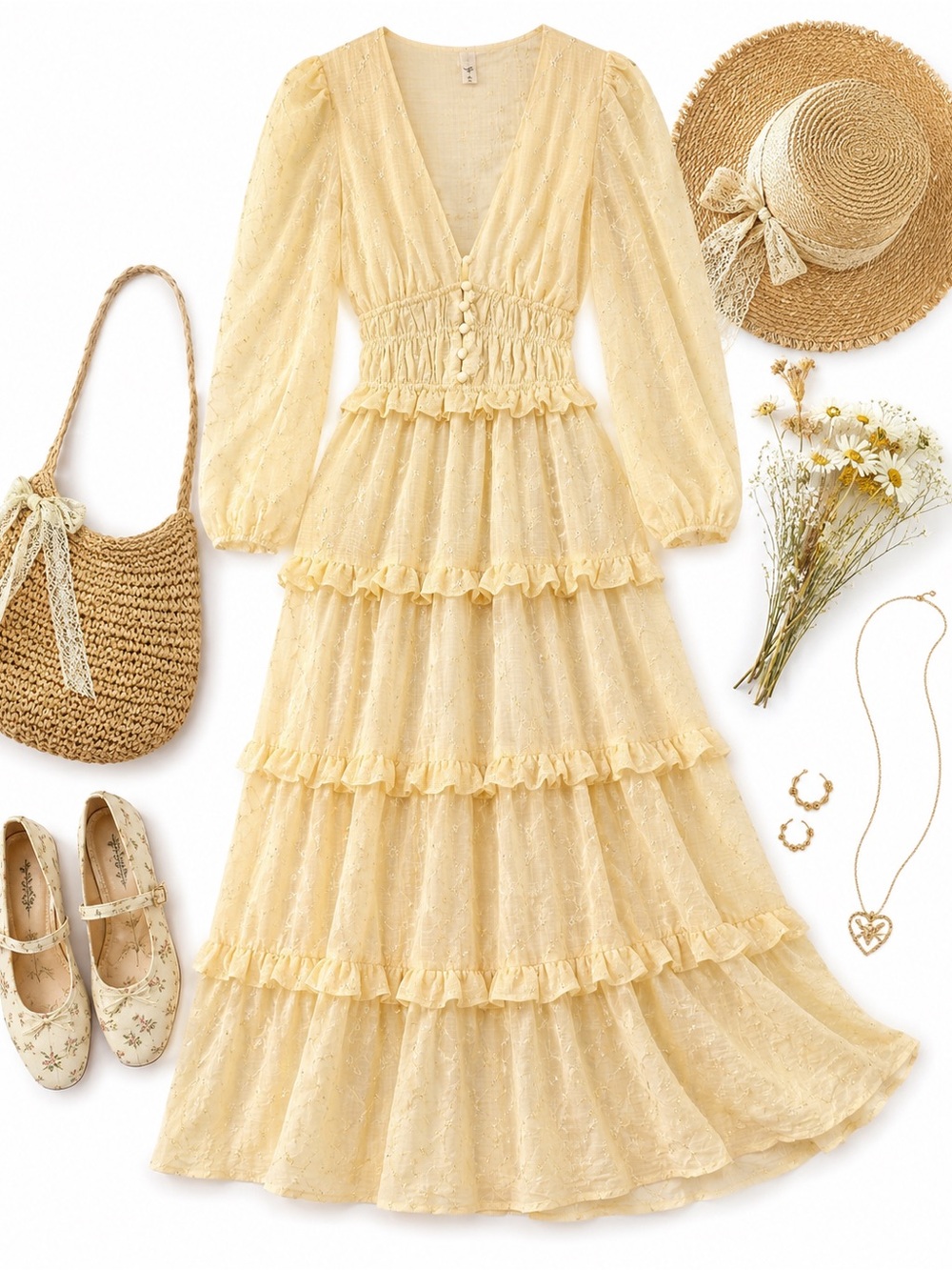Fashion Nova Soft Yellow Embroidered Midi Dress